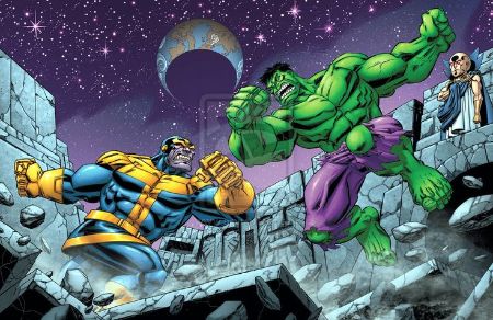 Hulk fighting Thanos in Comics